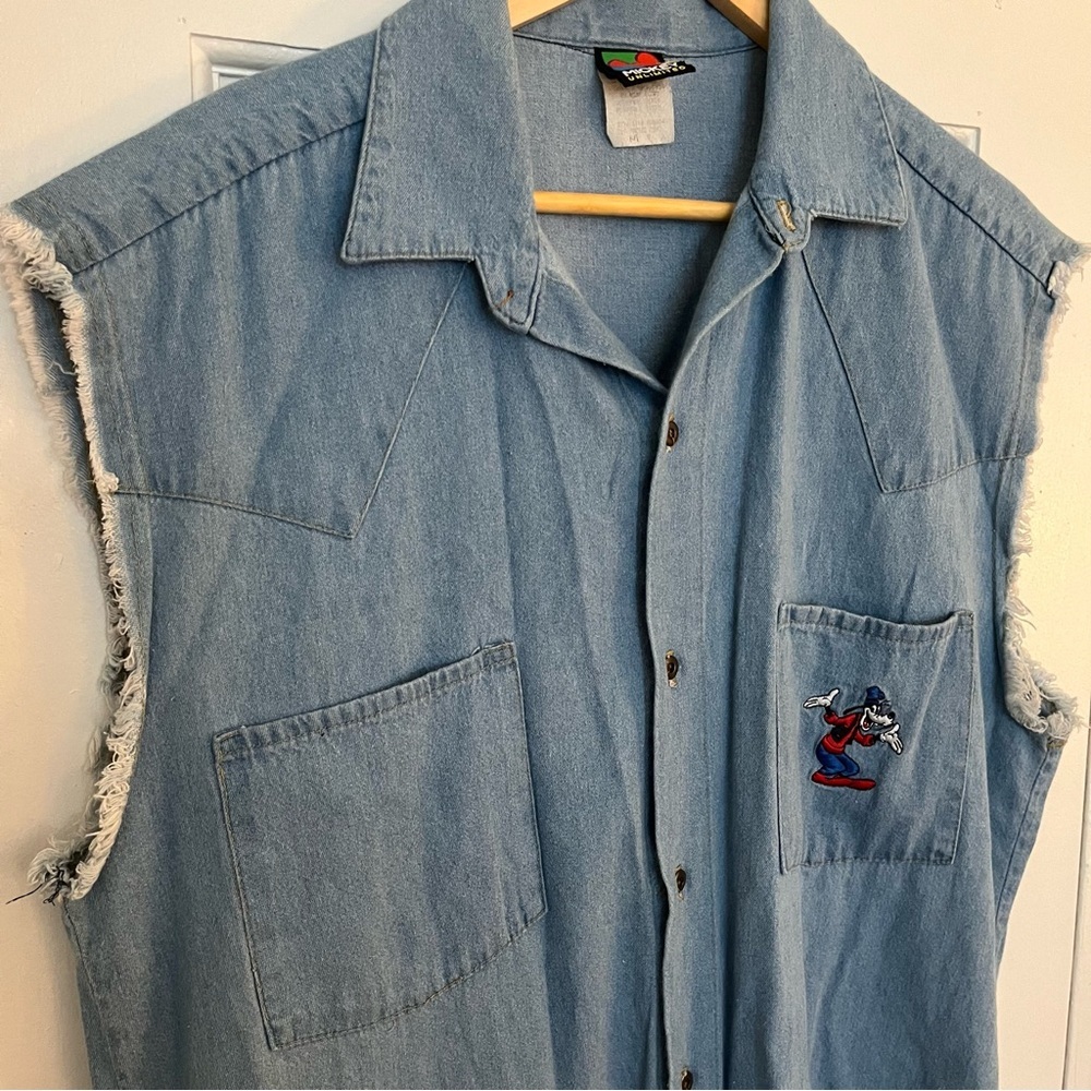 DISNEY Vintage Denim Goofy Vest Button Up Top Mickey Unlimited Fringe Large